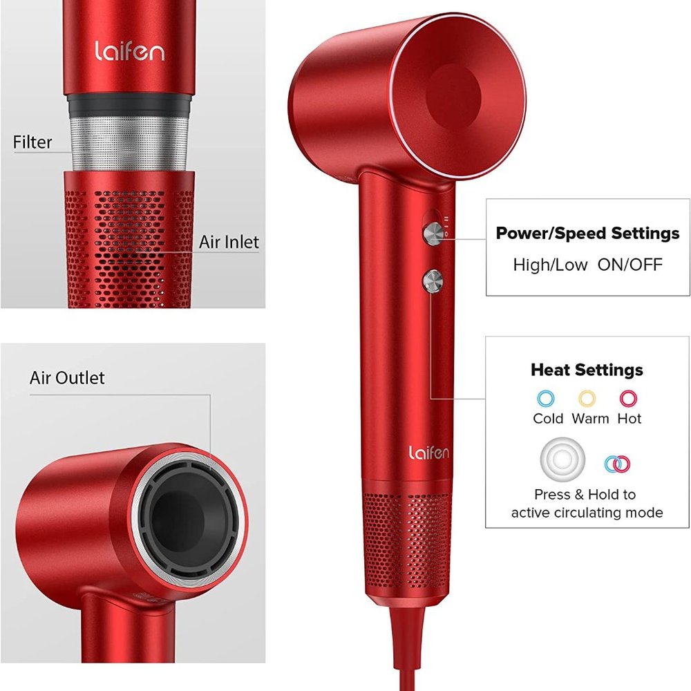 Laifen Hair Dryer, Negative Ionic Blow Dryer with 110, 000 RPM Brushless(RED)